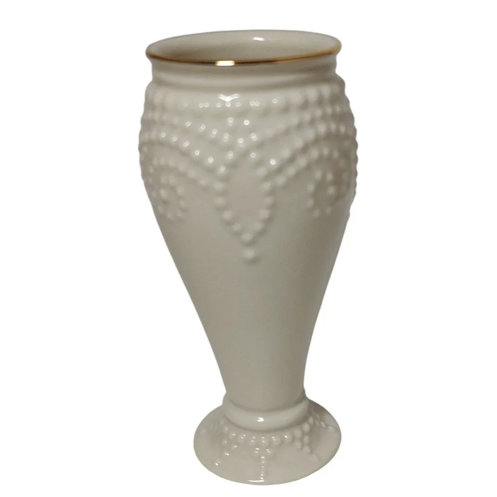 Lenox Bud Vase‎ Raised Dots Ivory with Gold Trim Rim Five Inches Textured
